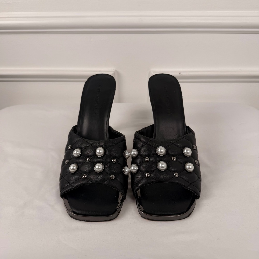 Karl Lagerfeld Paris Womens Quilted‎ Pearl Studded Mule Heels Black Square Toe